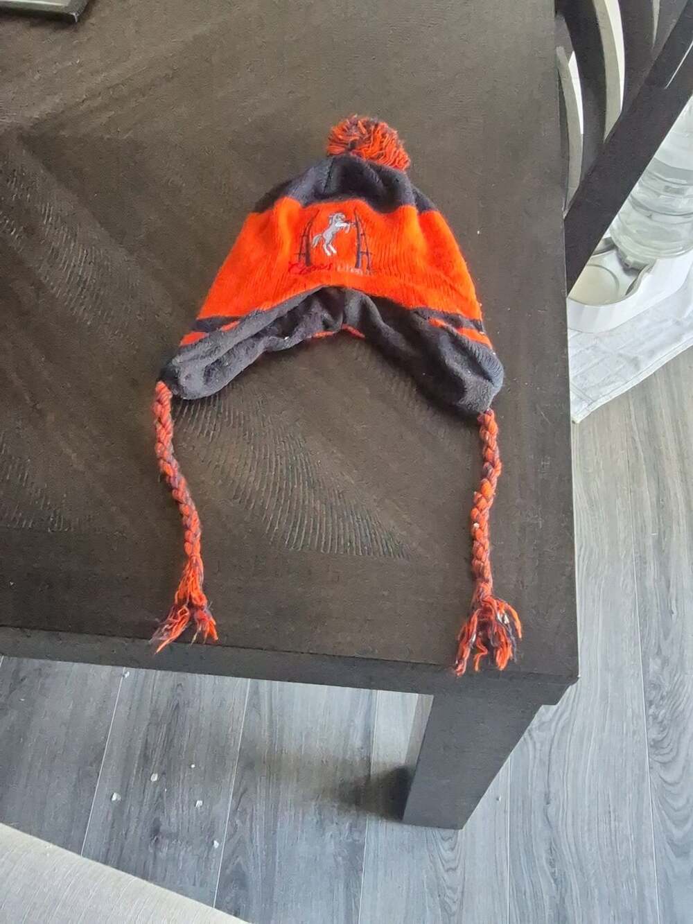 Coors Light Beanie Hat Orange Black Earflap Braided Tassels Pom Pom